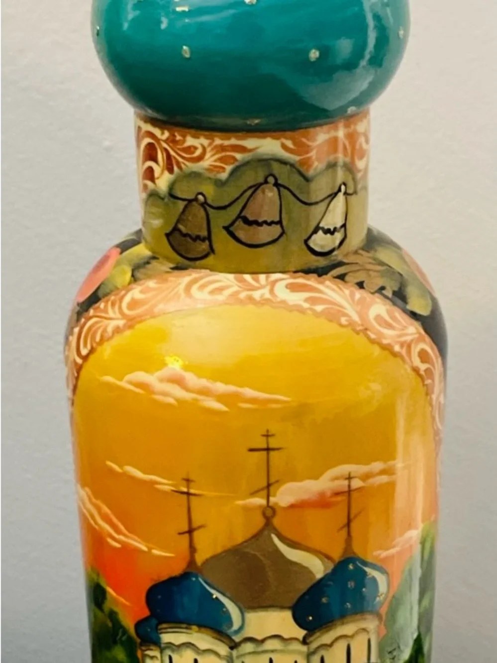 Vintage-Wine&Roses-Russian lacquered handmade wood vodka/wine bottle cover